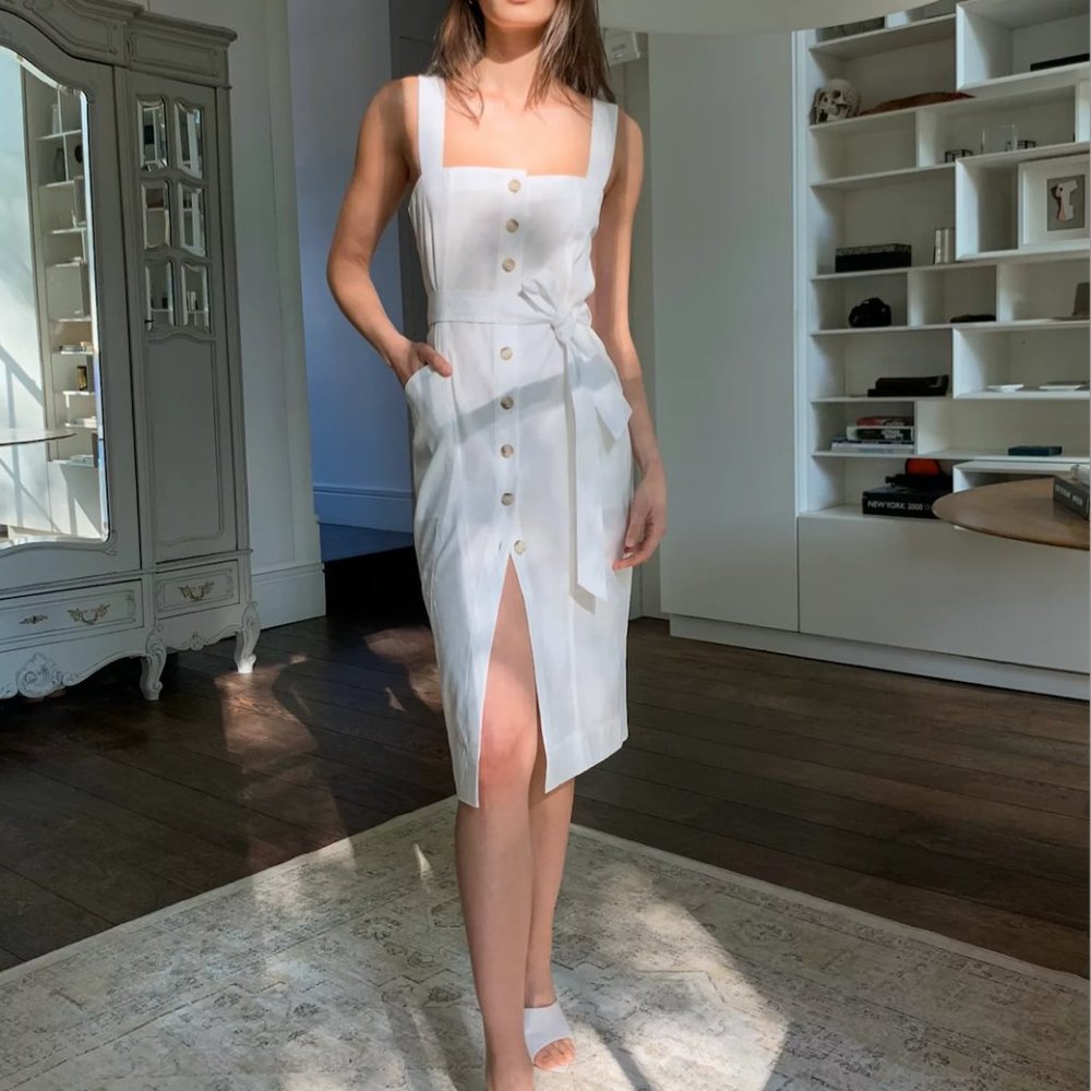 Aritzia Babaton Kofi Dress White Linen Blend Button Front Tank Dress Size 2